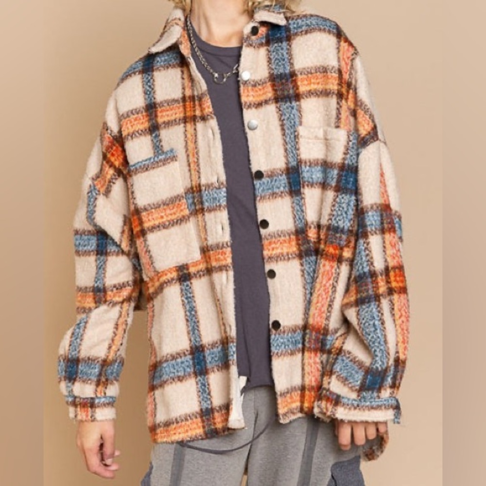 Cream Plaid Fuzzy Shacket Button Down Relaxed Fit - Picture 5 of 12